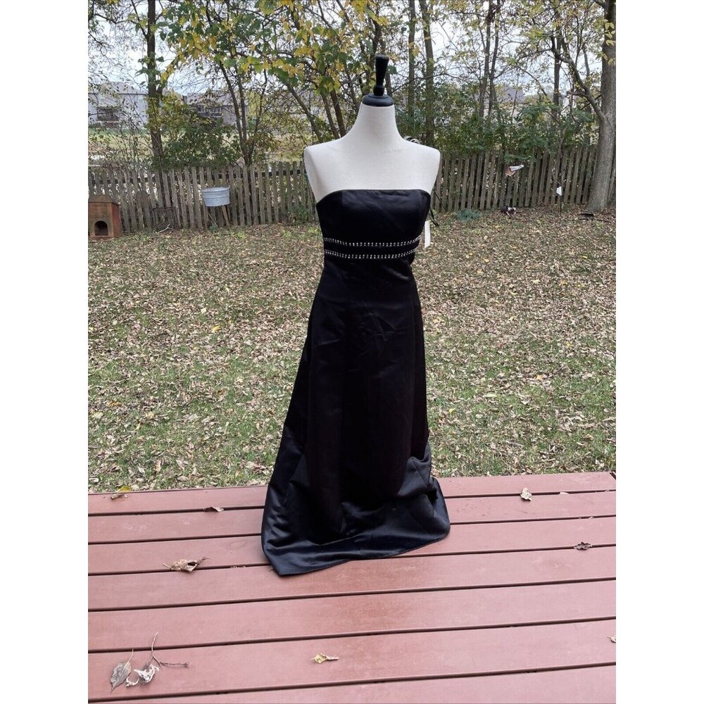 Black Strapless Satin Formal Gown W/ Beaded Waist Detail & Back Zipper Closure